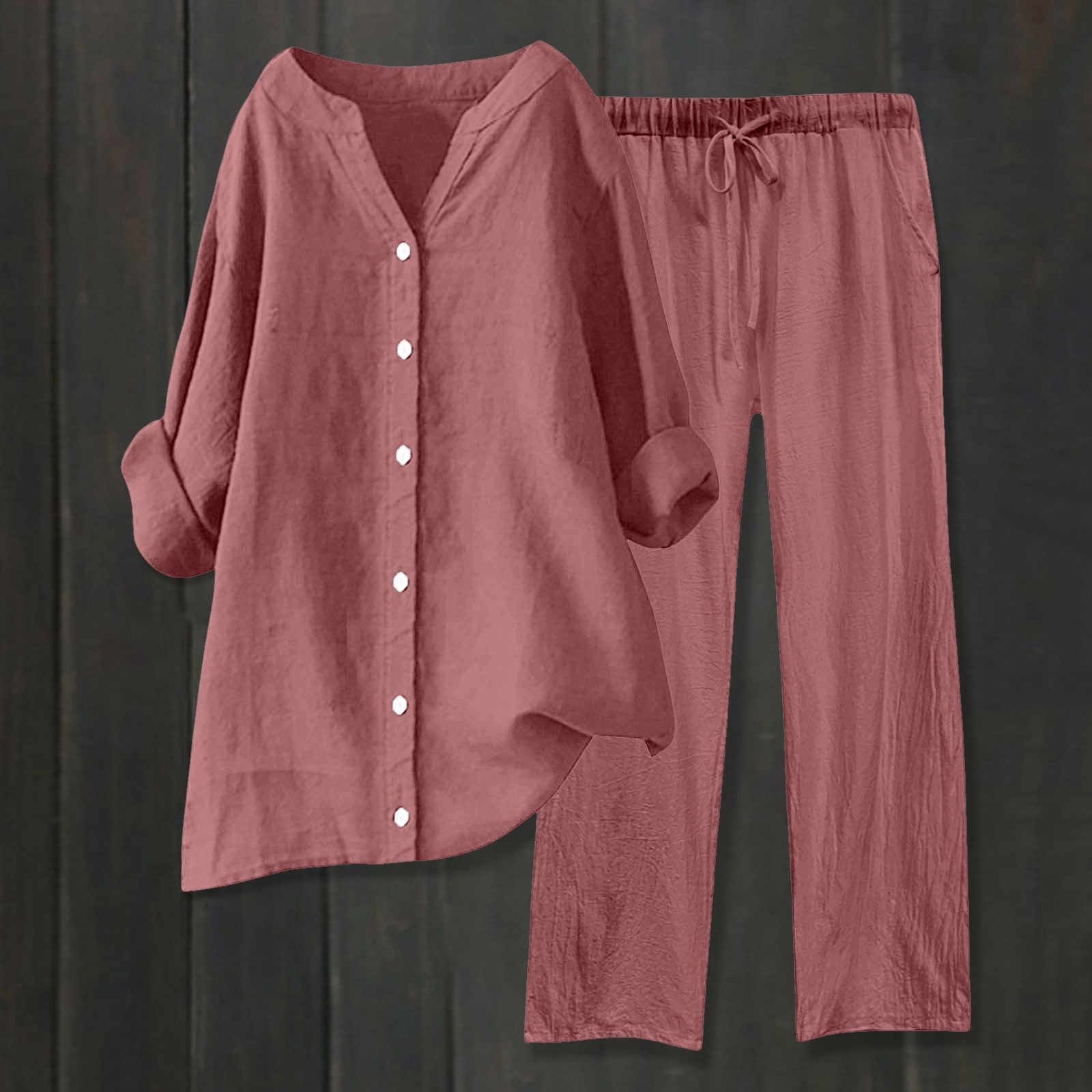 thumbnail image 2 of Conjuntos de 2 piezas para mujer: blusa de pierna ancha y pantalones elásticos. Camisa informal con cuello en V y bolsillos. Ropa urbana para todas las estaciones., 2 of 4